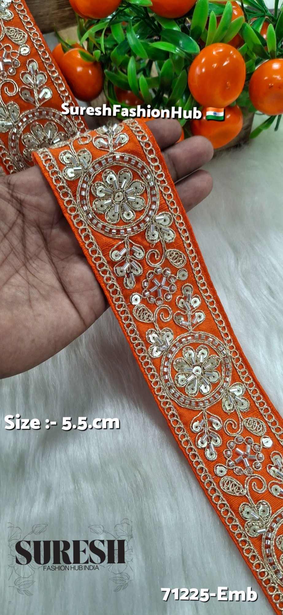 Orange Floral Cutdana Bead Embroidery Lace – Design No. 71225-Emb
