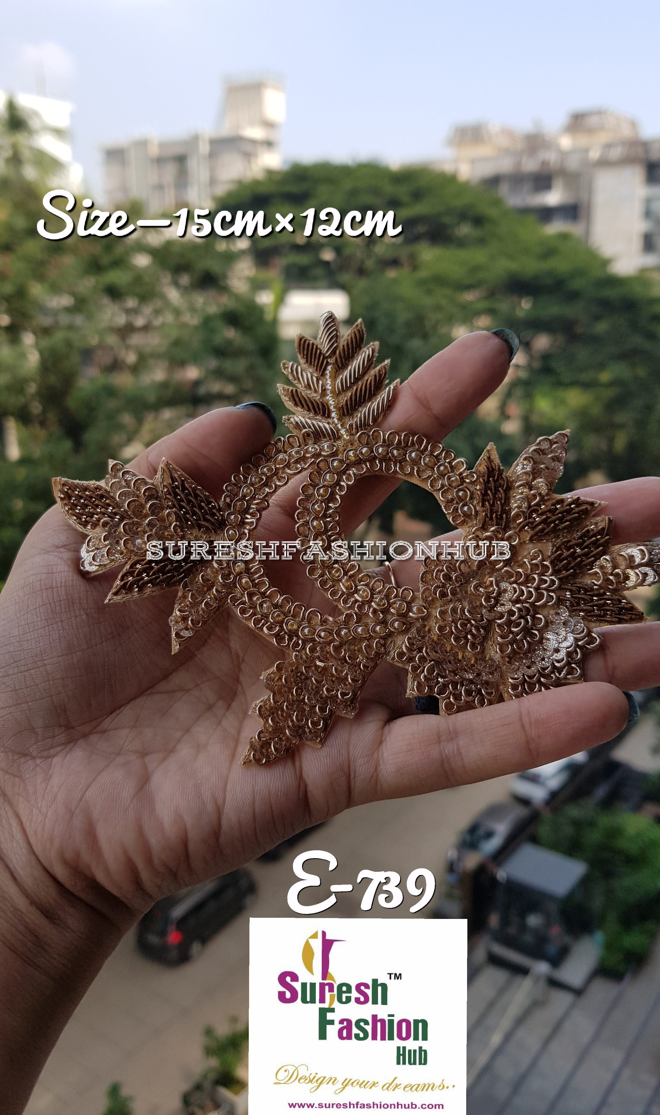 Embellished Handmade Ring and Leaf design Patten Patch- Rose Gold Color. Size- 15 * 12cms