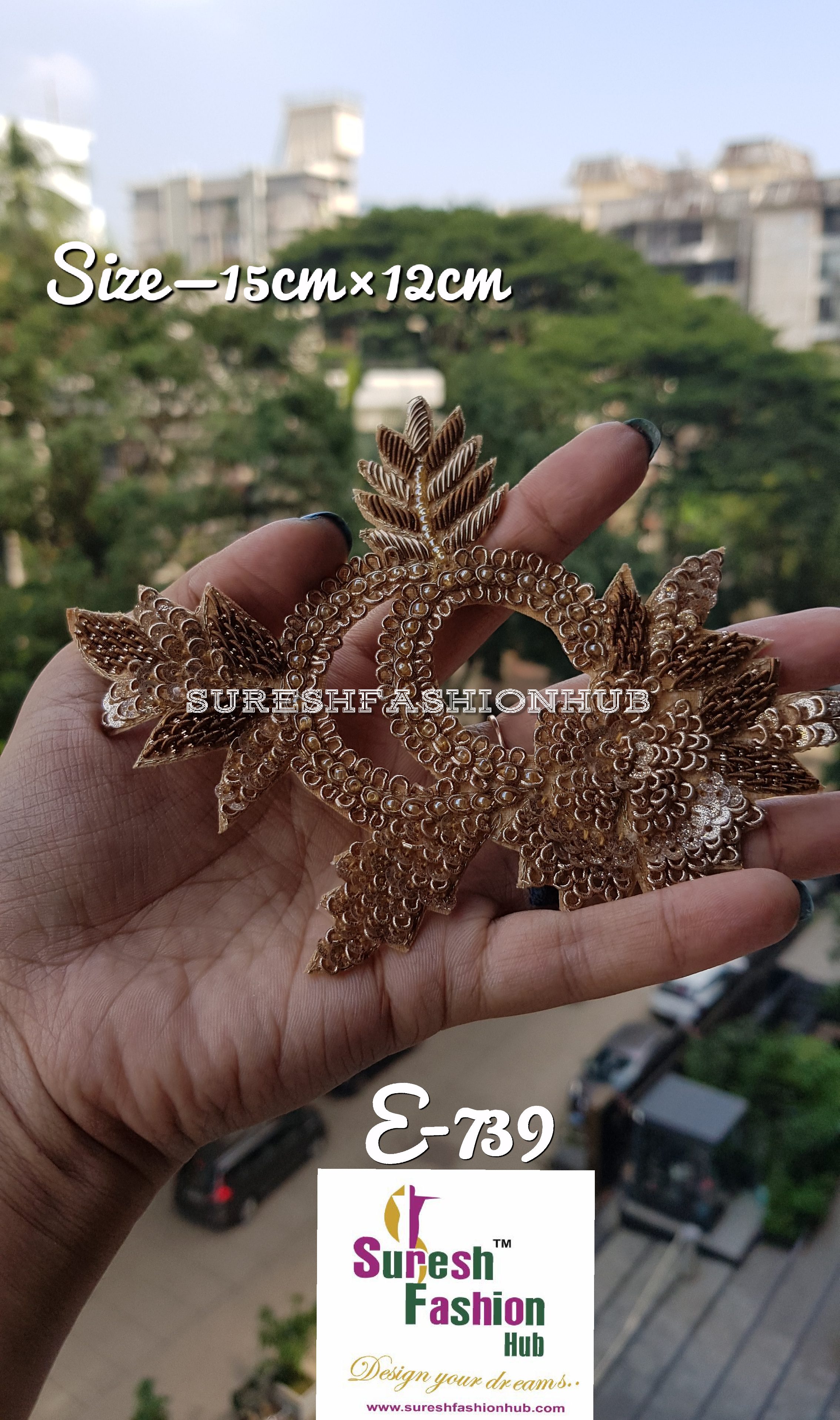 Embellished Handmade  Ring and Leaf design Patten Patch- Rose Gold Color.  Size- 15 * 12cms