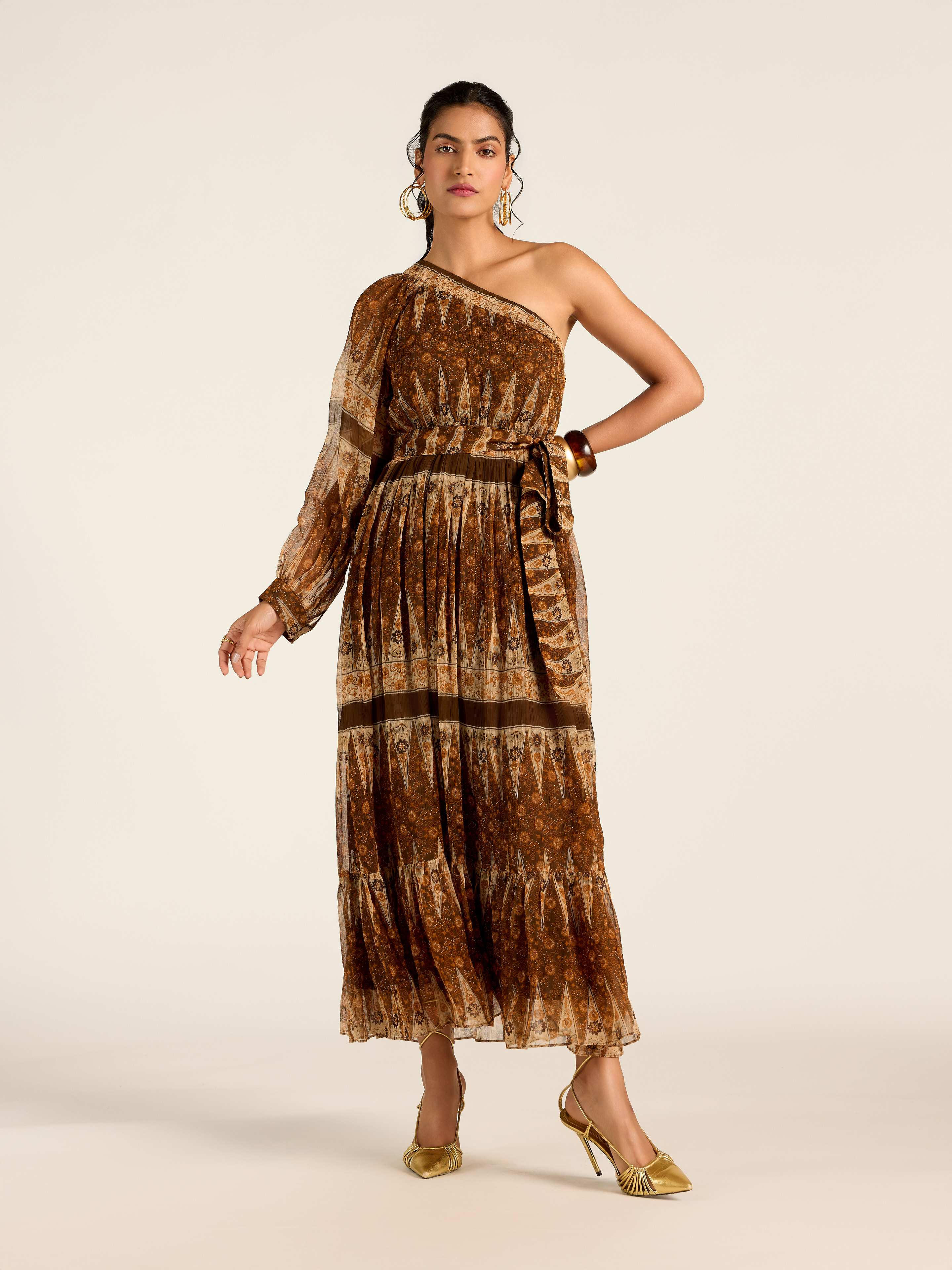 BROWN MARGO ONE SHOULDER LONG DRESS