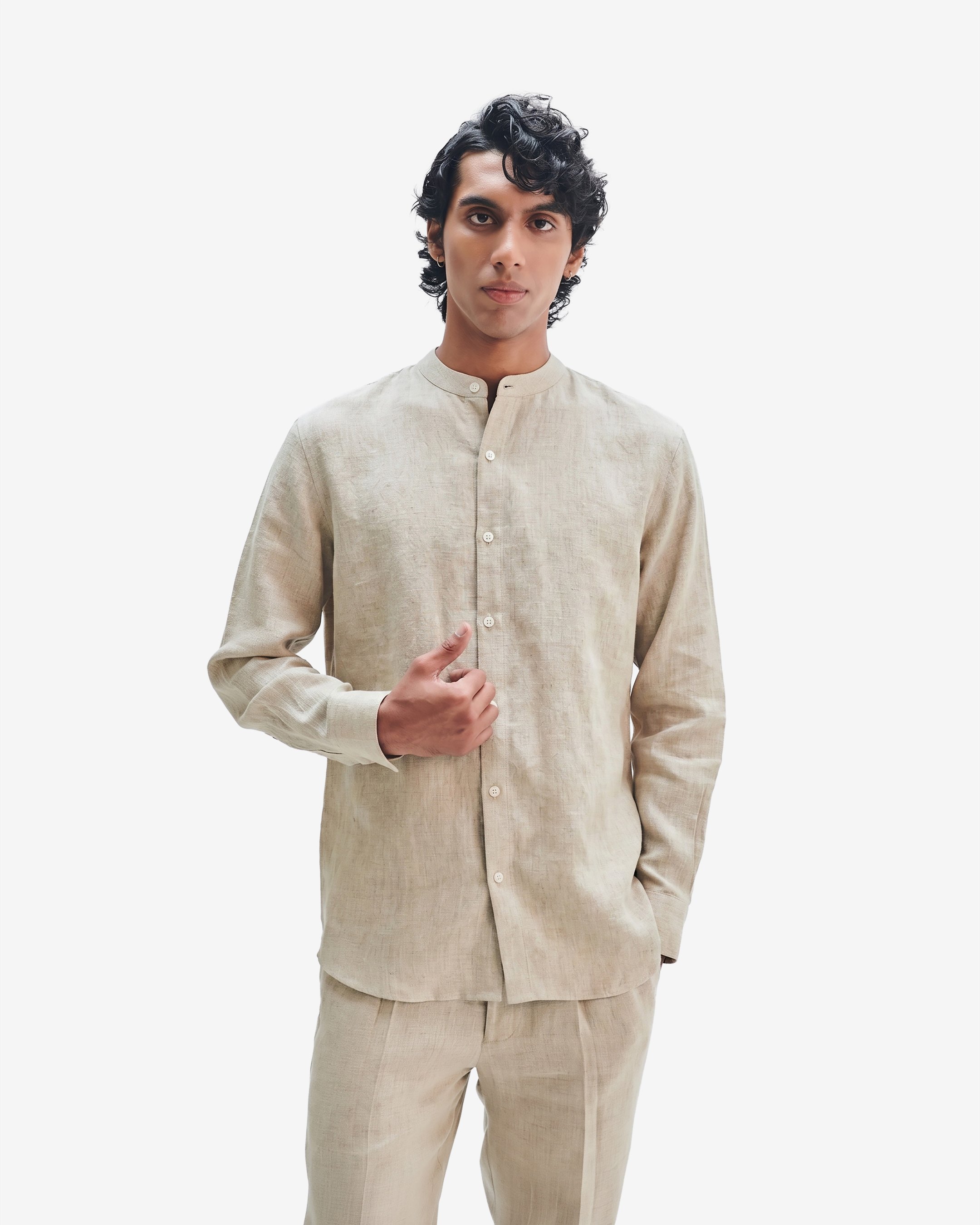 Undyed Linen Men's Band Collar Shirt