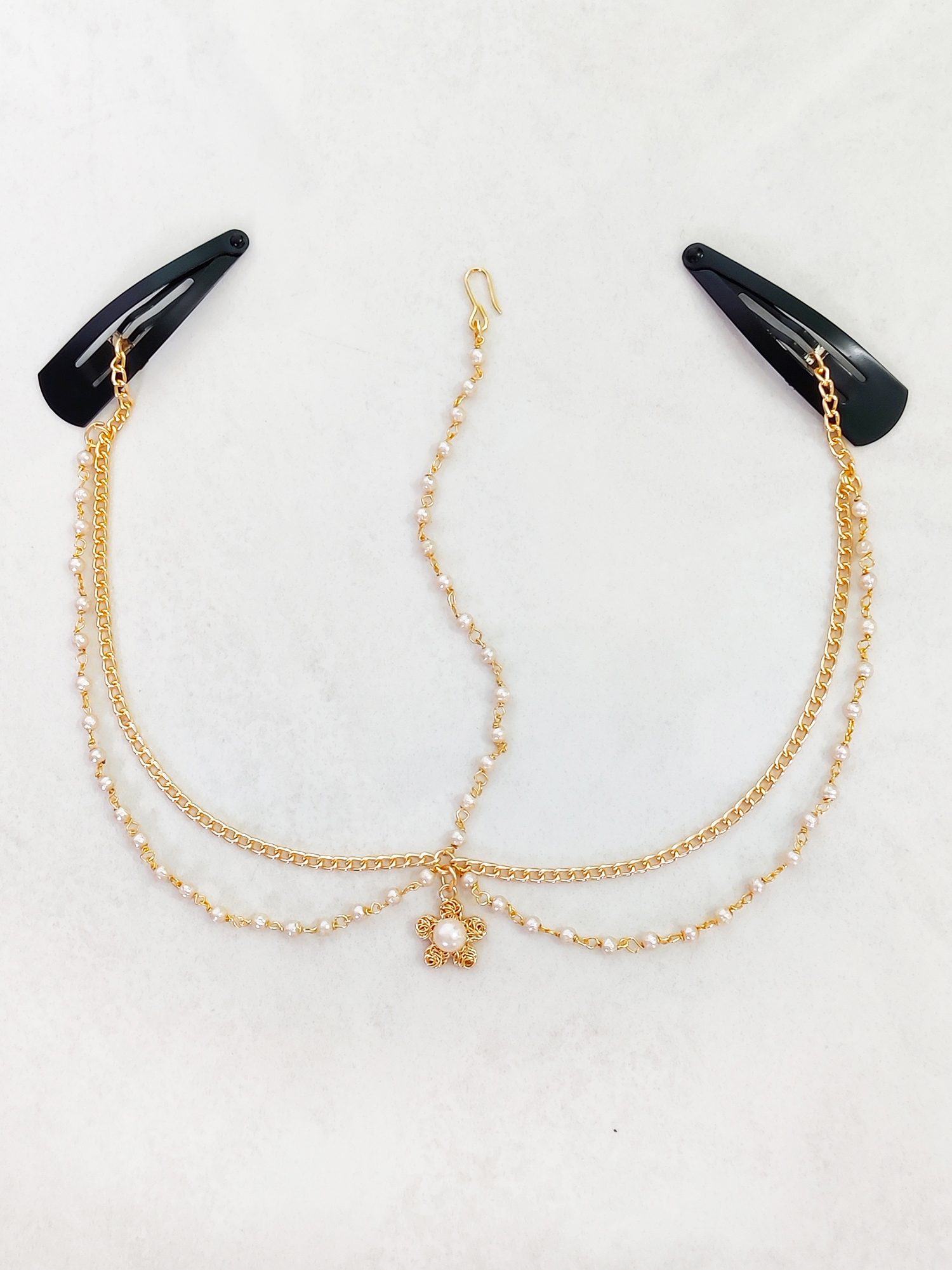 Flower & Pearl Detailed Head Chain - Golden