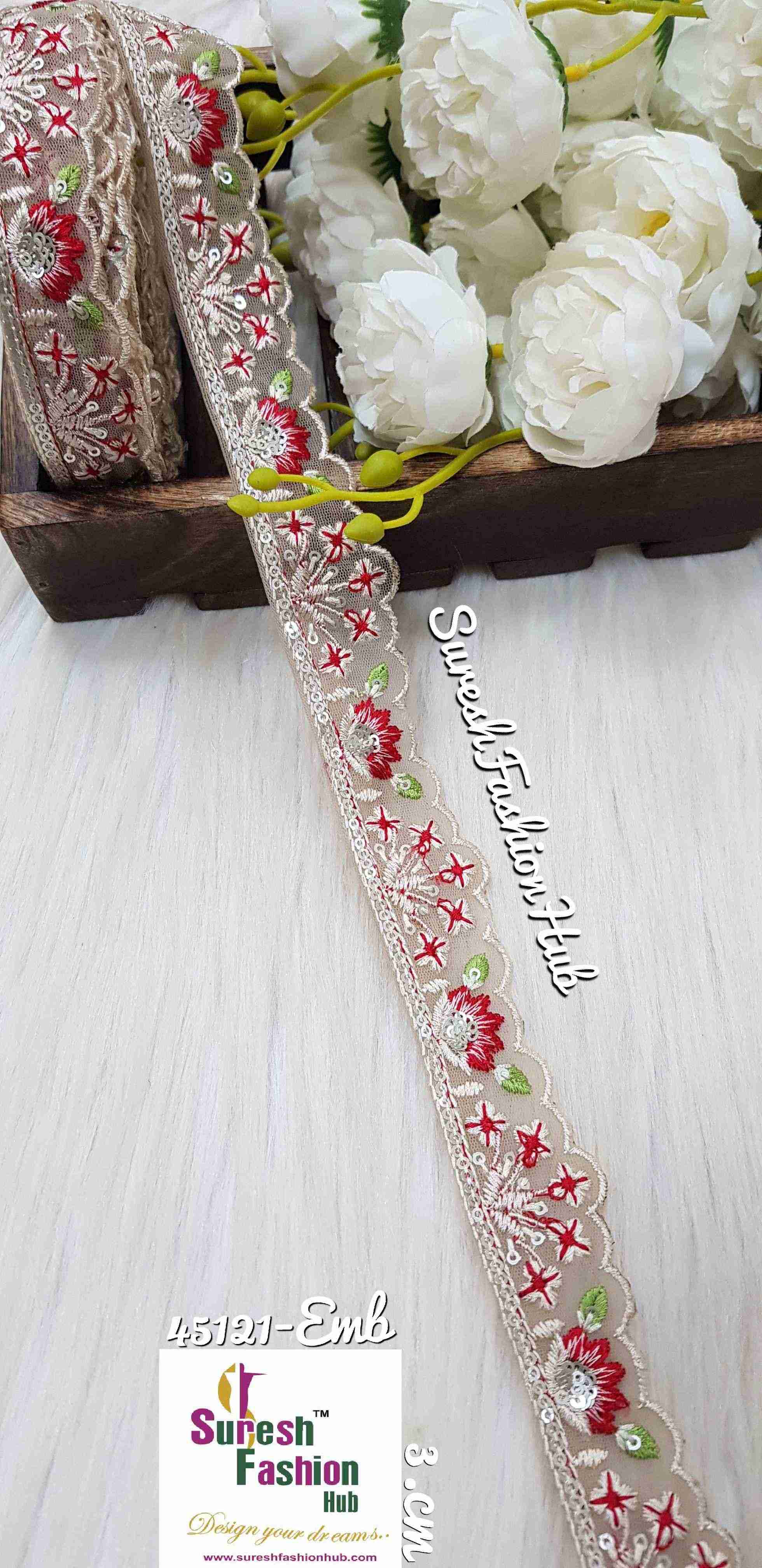Red Flowers Sequined Petal Cutwork Laces
