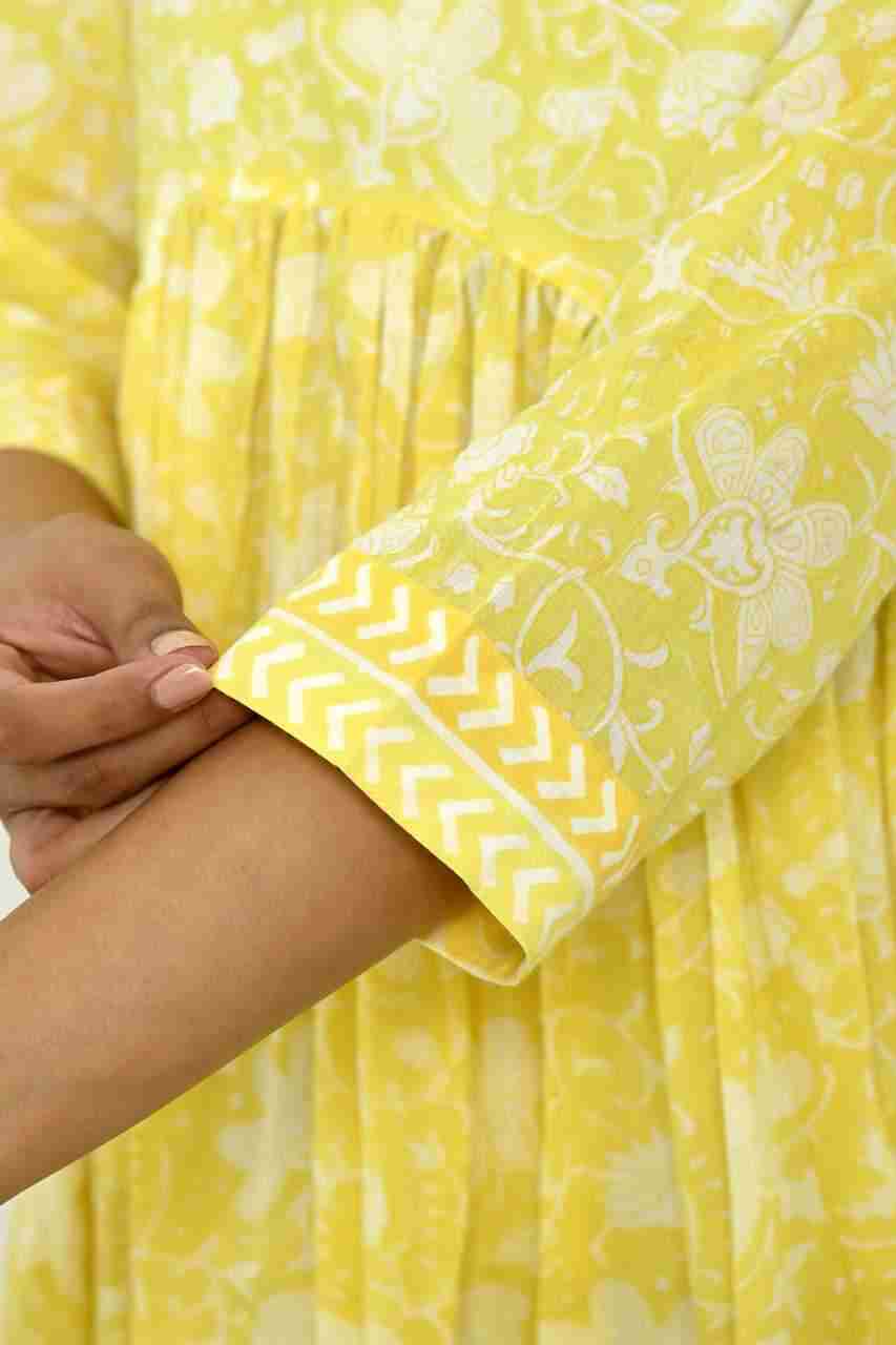 Naksh Yellow Block Printed V-Neck Gathered Kurta