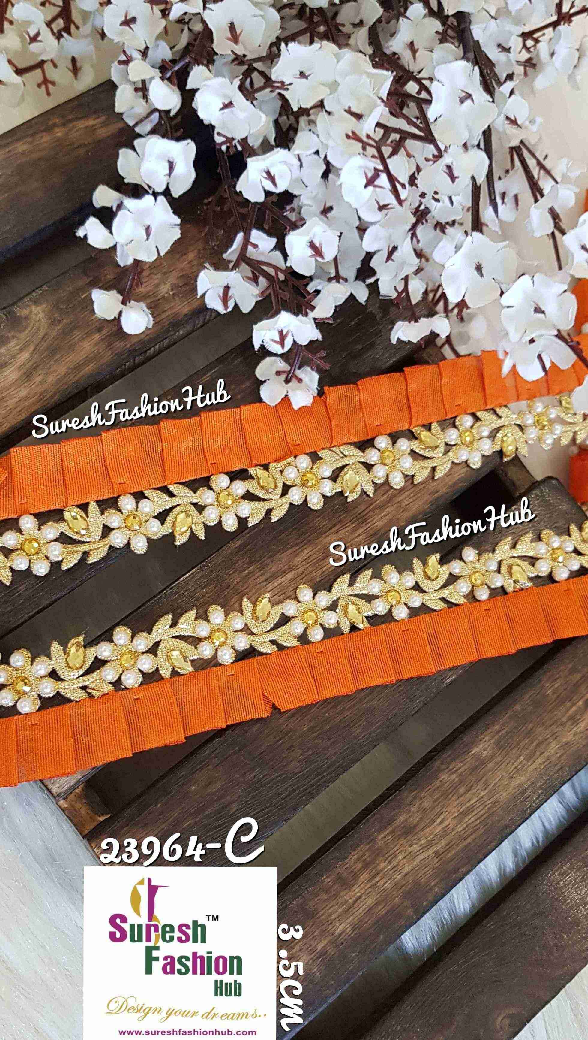 Designer Orange Flowers Embellished Trim