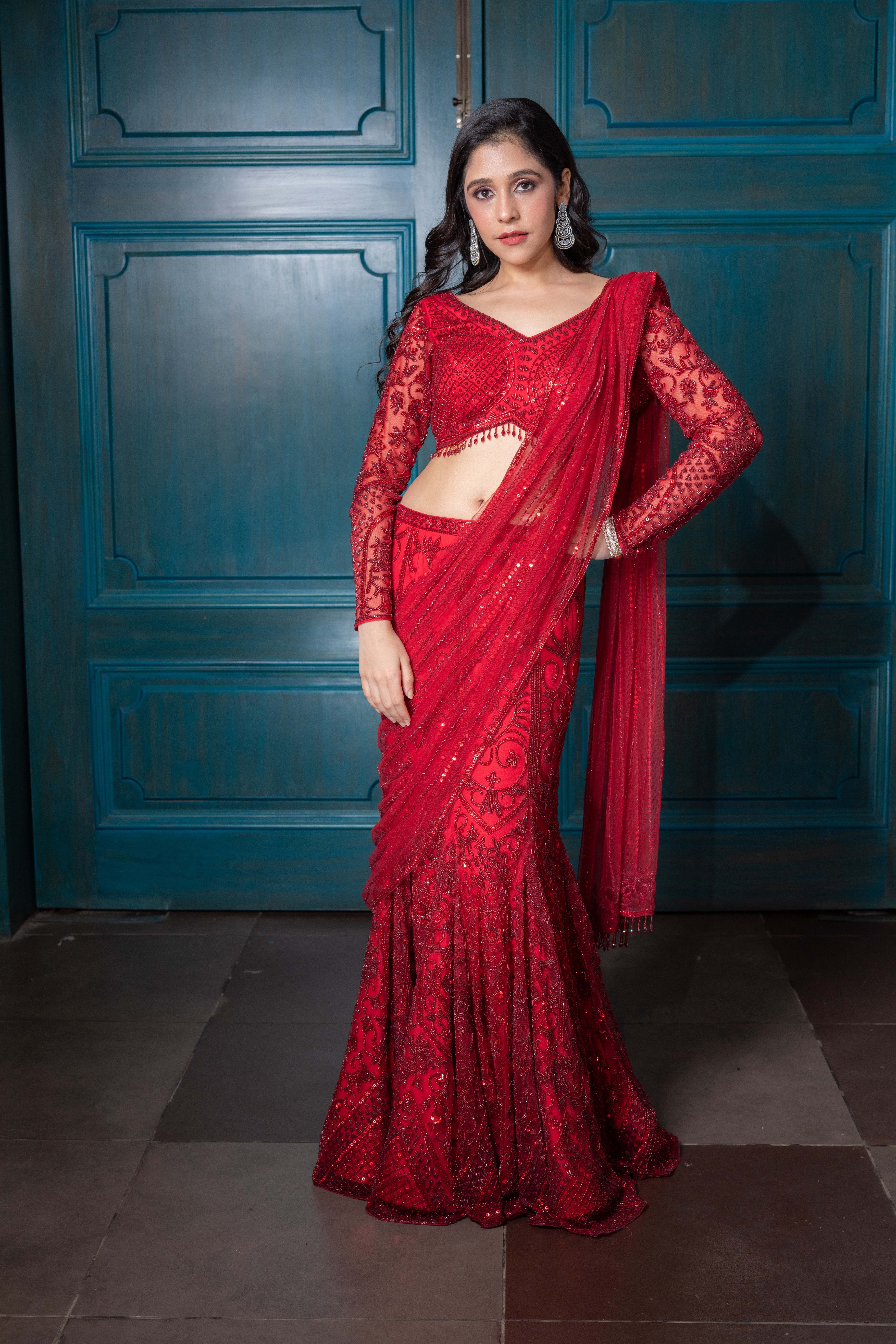 Deep Red Pre-Draped Saree