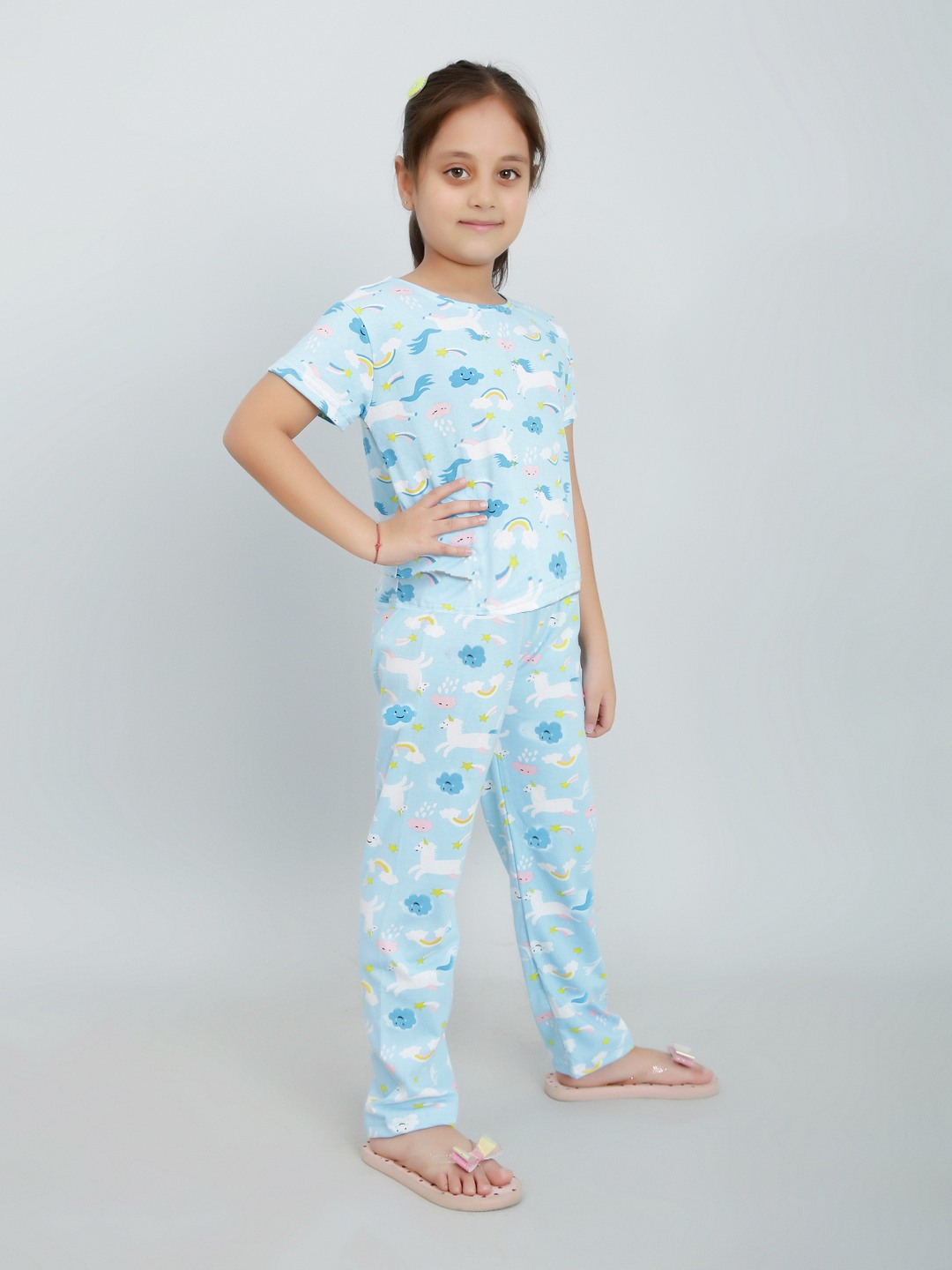 Ninos Dreams Girls Cotton Half Sleeves Coord set Unicorn Printed with Lower - LightBlue