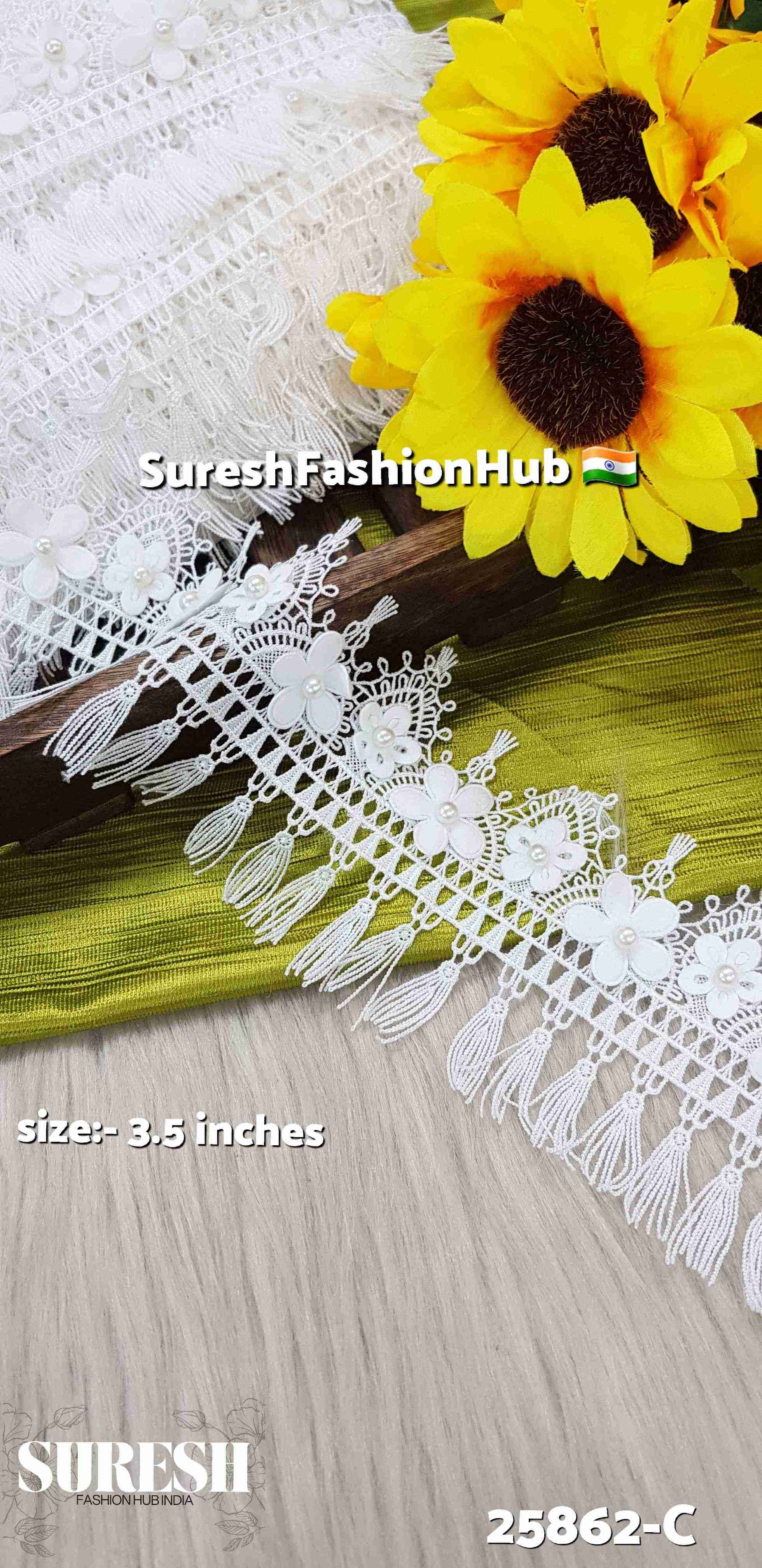 White GPO Tassel Applique Pearl Lace
