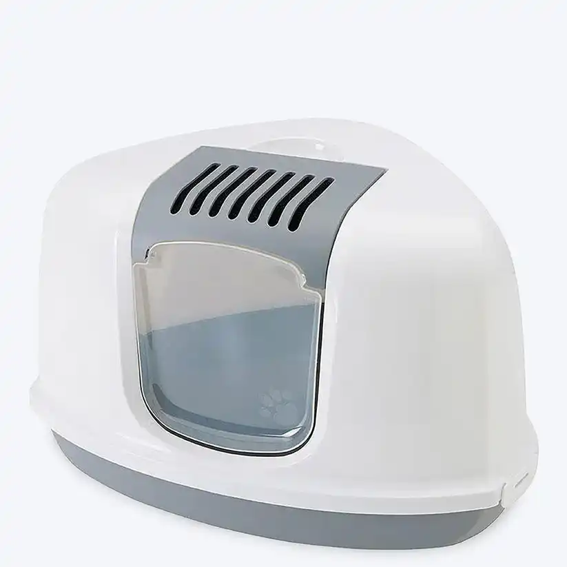 Savic Nestor Corner Cat Litter Box - White/Grey - 23 x 18 x 16 Inch