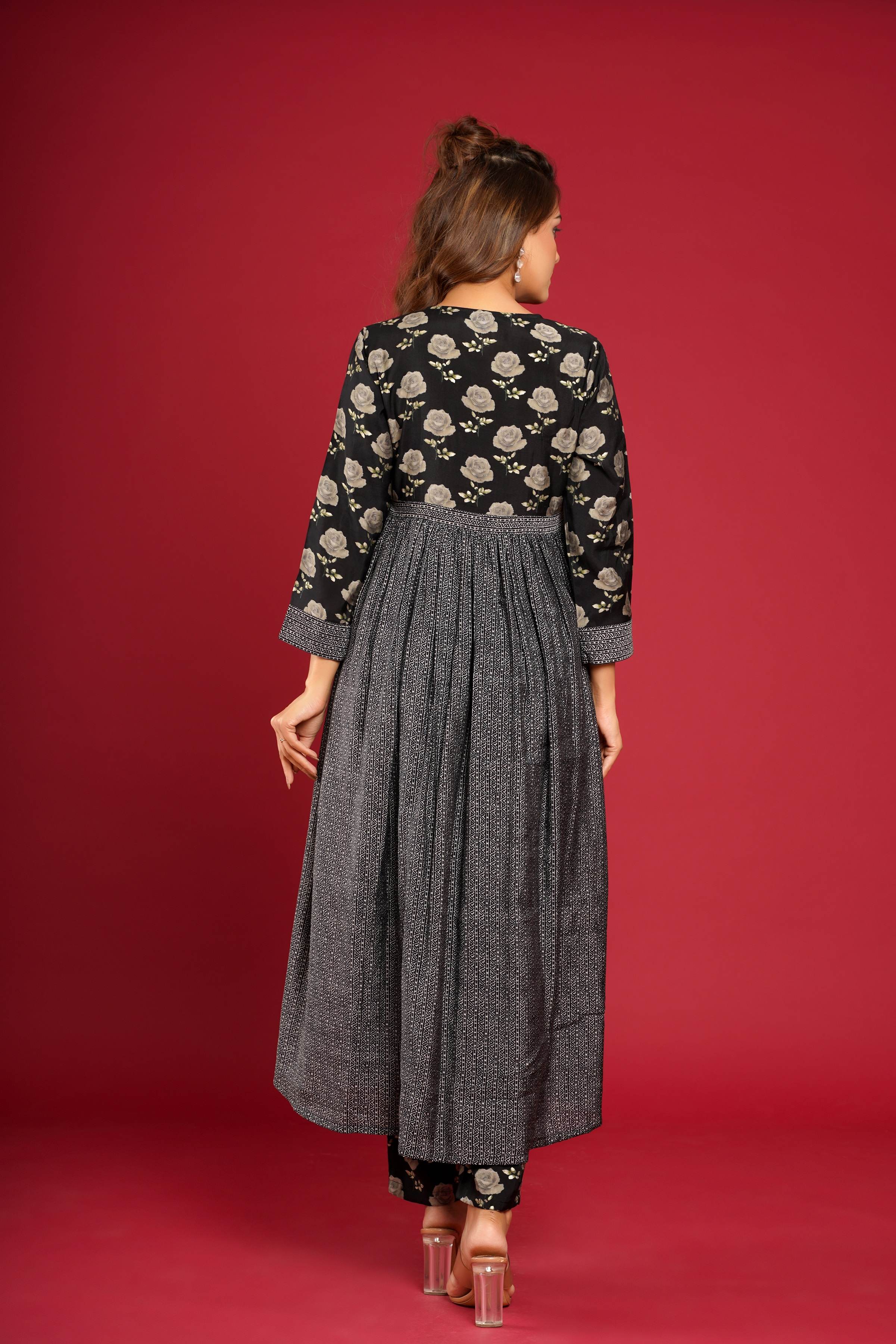 Black Floral Long Kurta Pant Set