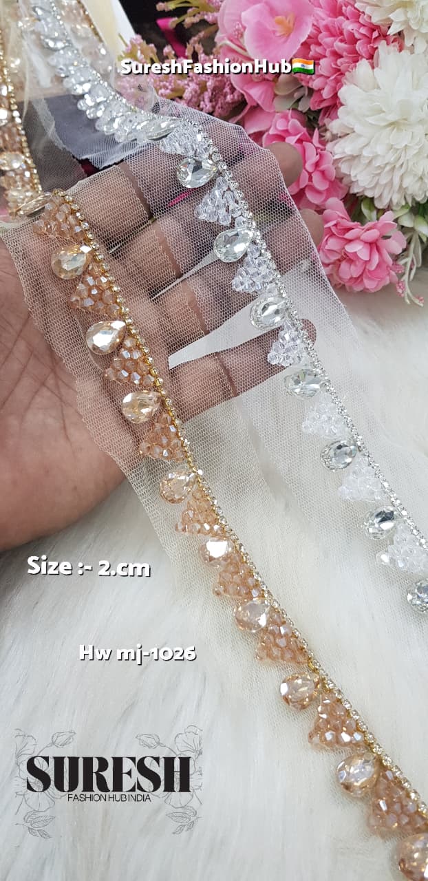 Gold Handmade Drop Rhinestone & Crystal Border on Net – M.J-1026