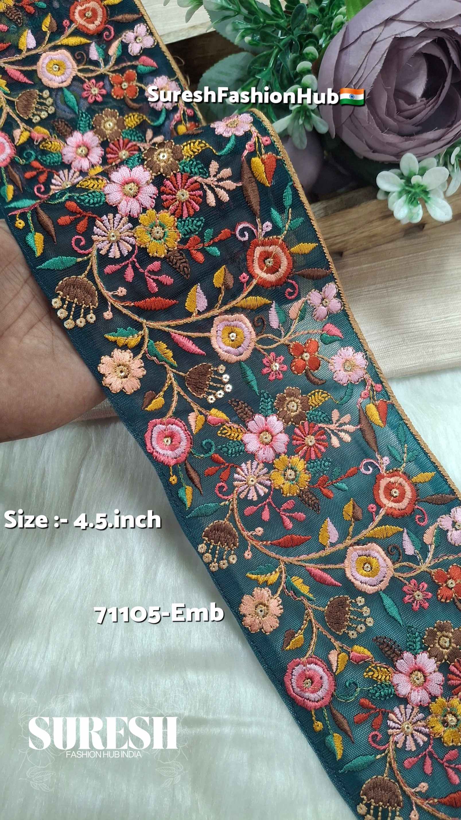 Bottle Green Multi-Thread Floral Net Border – 71105-Emb | Suresh ...