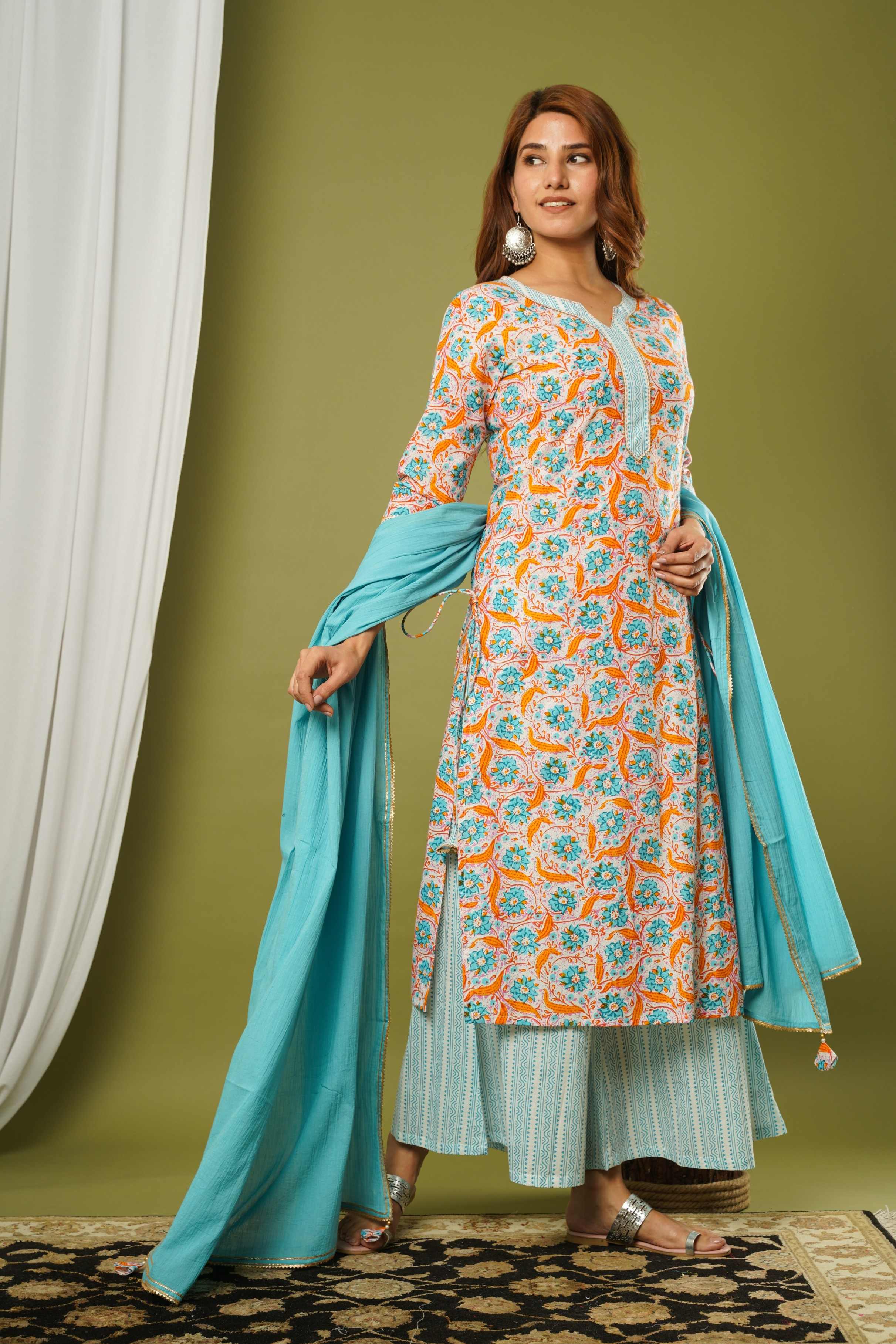 LACE PRINTED COTTON KURTA SET MULMUL DUPATTA