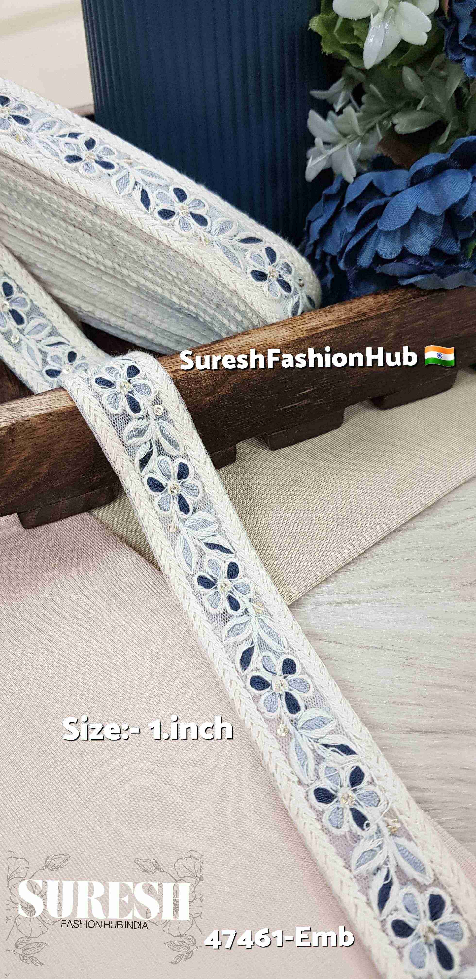 Navy Blue & Light Grey Floral Net Lace
