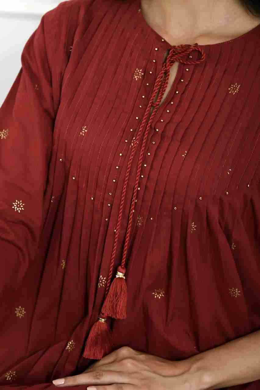 Naksh Maroon Gold Printed Pleated Kurta And Solid Pants (Set of 2)