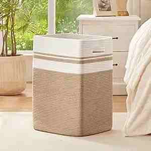 Cotton Rope Laundry Basket with Handles – Woven Storage Hamper for Blankets, Towels & Clothes – Beige White