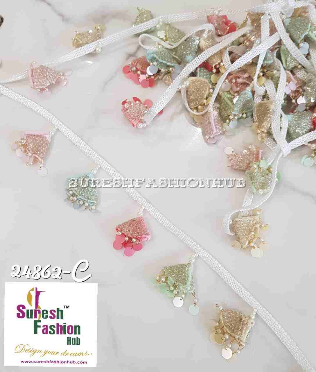 Pastel Colored Tassels With Sequence Work Trimming