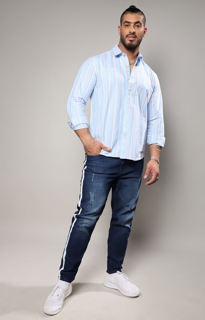 Instafab Plus | Men's Blue Striped Cotton Shirt