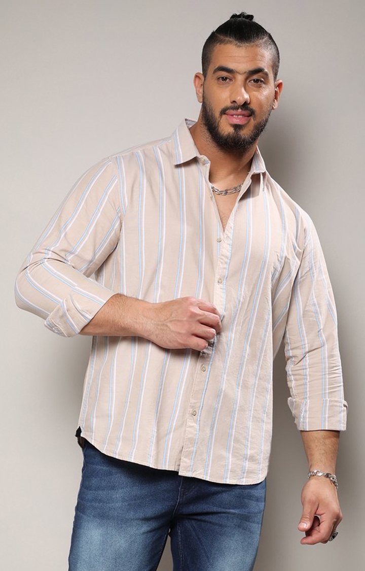 Instafab Plus | Men's Beige Striped Cotton Shirt