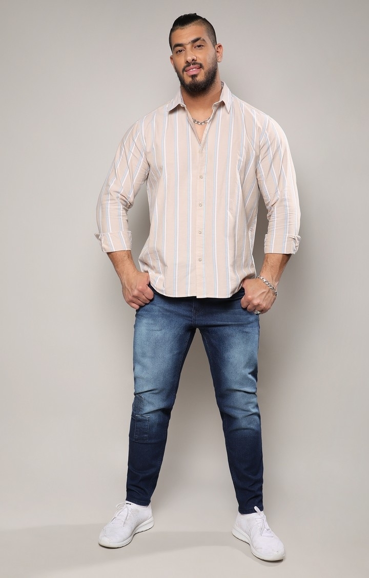 Instafab Plus | Men's Beige Striped Cotton Shirt
