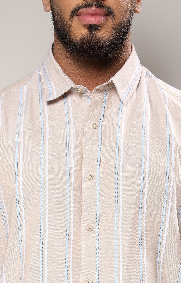 Men's Beige Striped Cotton Shirt