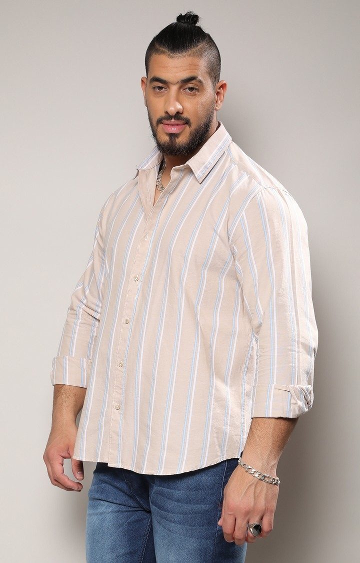 Men's Beige Striped Cotton Shirt