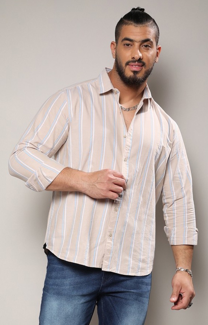 Men's Beige Striped Cotton Shirt