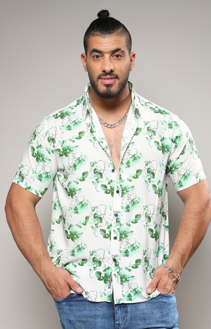 Instafab Plus | Men's Green & White Botanical Strokes Shirt