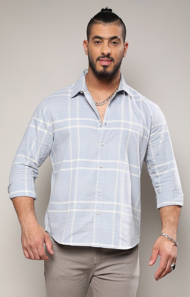 Instafab Plus | Men's Light Grey Contrast Tartan Plaid Shirt