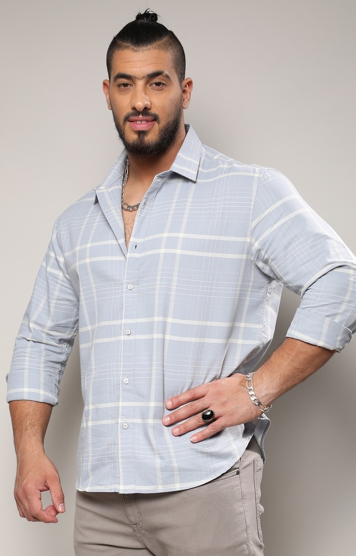 Men's Light Grey Contrast Tartan Plaid Shirt