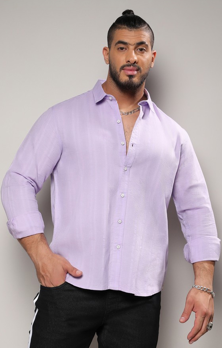 Instafab Plus | Men's Lavender Self-Design Striped Shirt