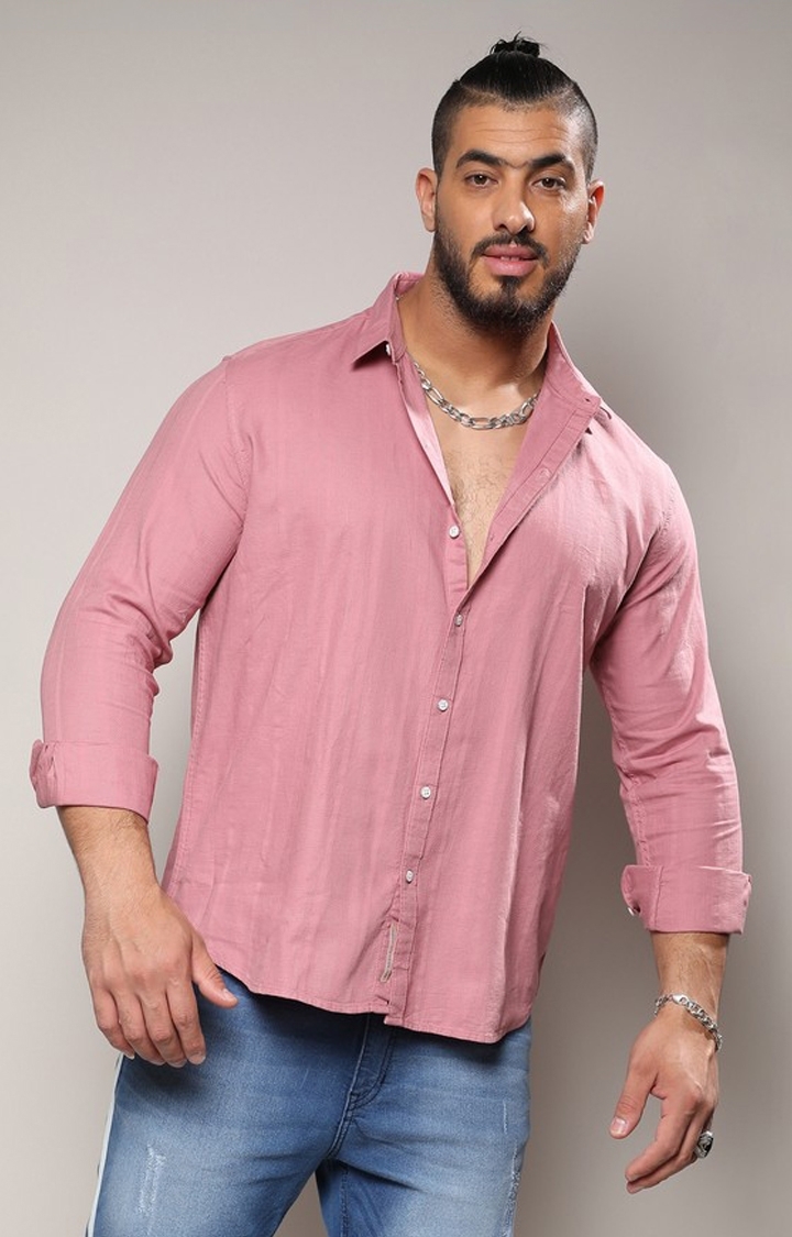 Men's Flamingo Pink Self-Design Striped Shirt