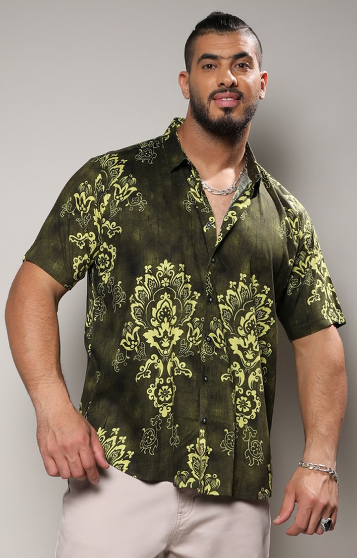 Instafab Plus | Men's Forest Green Ethnic Motif Shirt