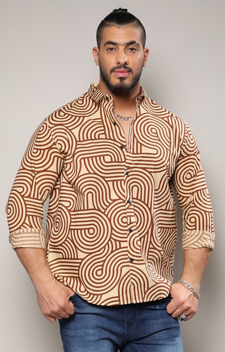 Men's Beige & Brown Contrast Lines Shirt