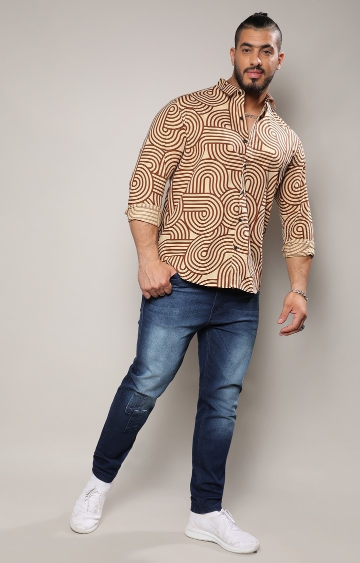 Men's Beige & Brown Contrast Lines Shirt