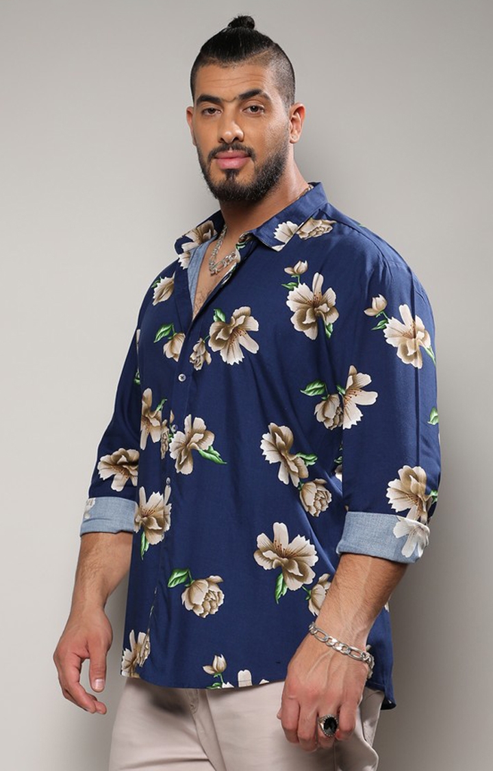 Instafab Plus | Men's Indigo Blue Floral Print Shirt