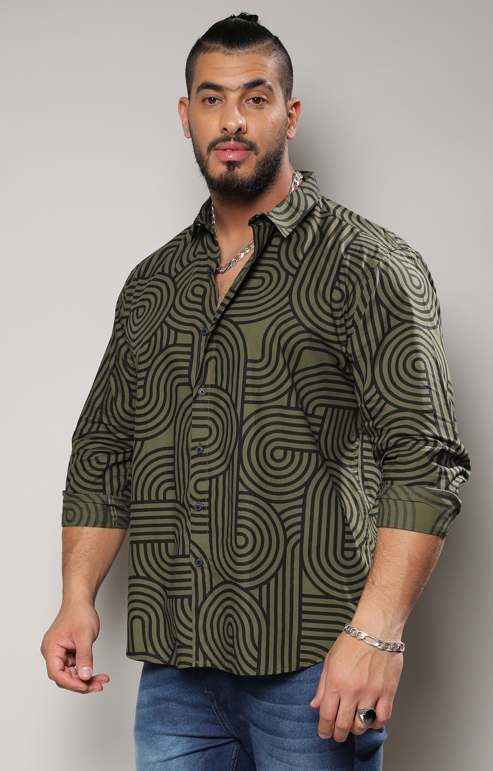Men's Army Green & Black Contrast Lines Shirt