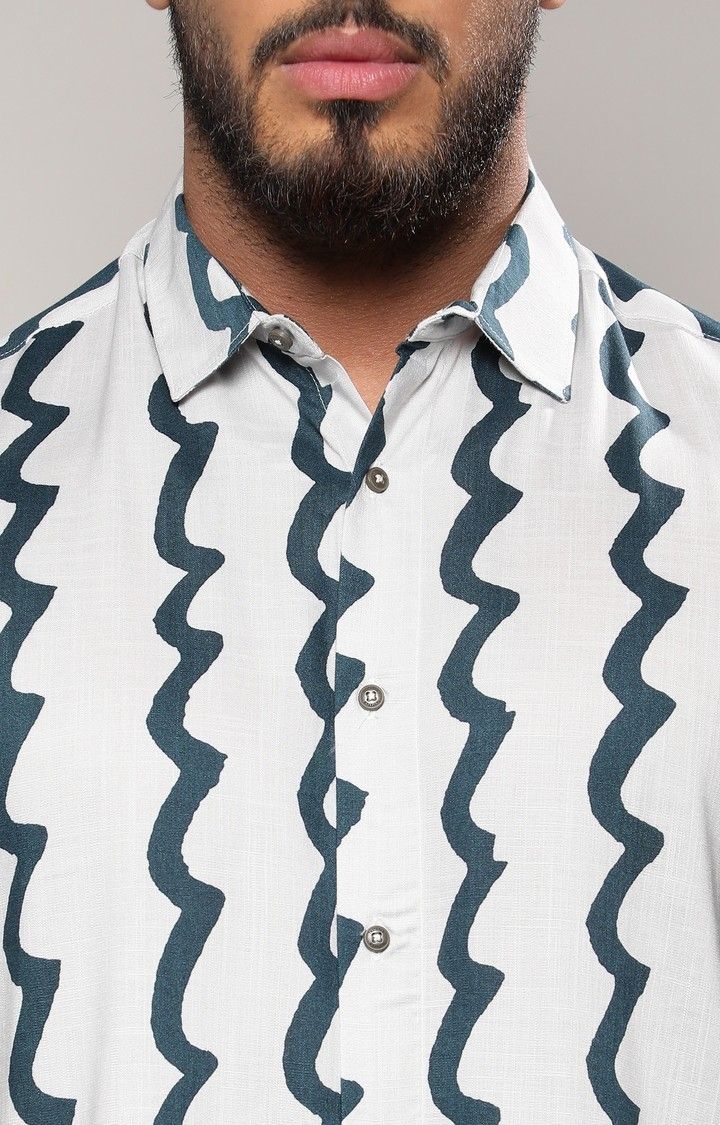 Men's White & Navy Blue Contrast Paint Lines Shirt