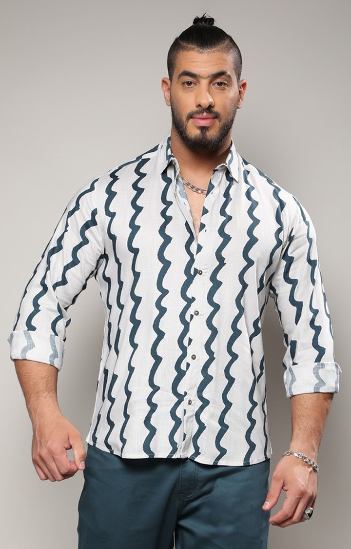 Men's White & Navy Blue Contrast Paint Lines Shirt