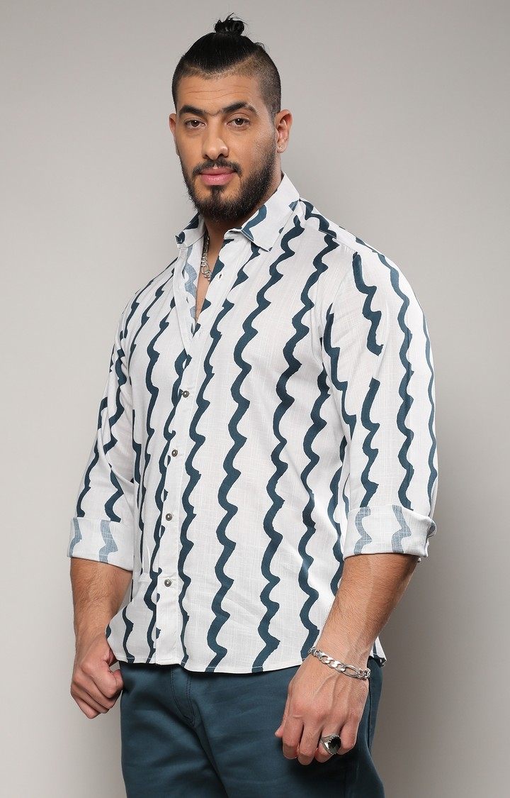 Men's White & Navy Blue Contrast Paint Lines Shirt