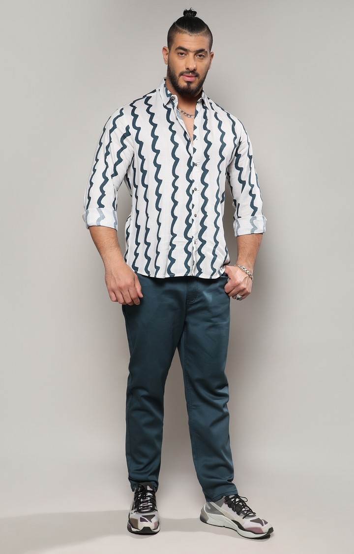 Men's White & Navy Blue Contrast Paint Lines Shirt