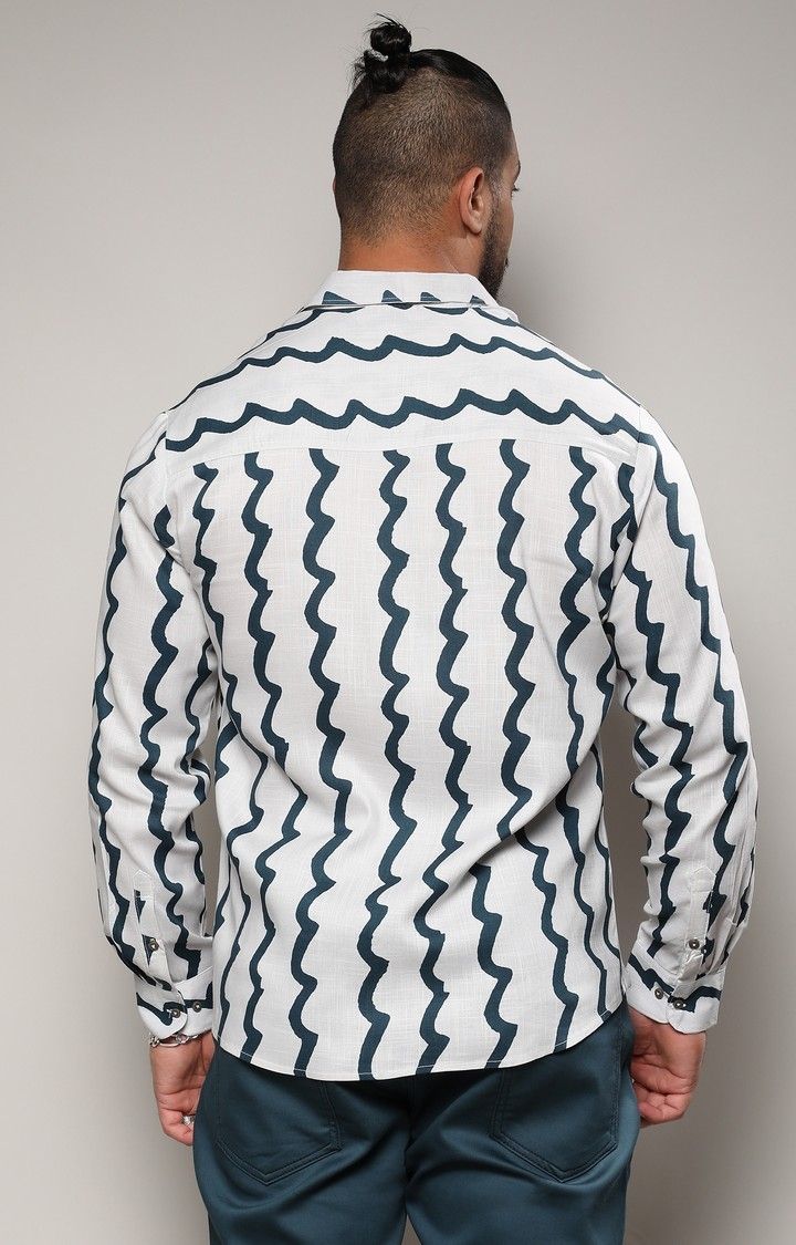 Men's White & Navy Blue Contrast Paint Lines Shirt