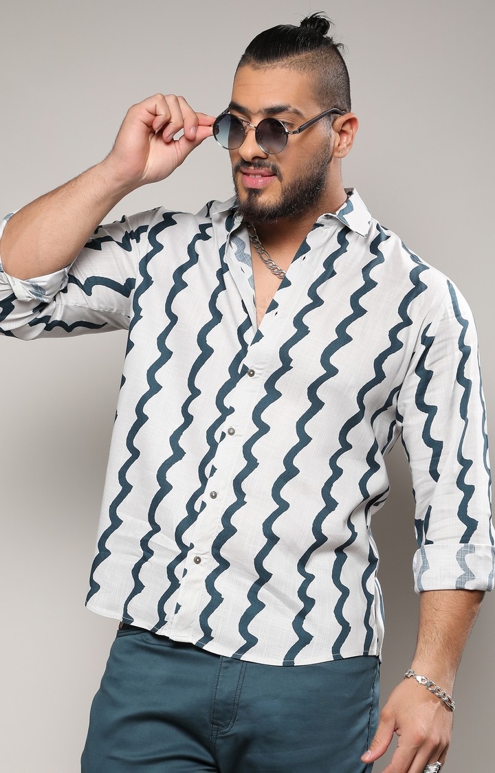 Men's White & Navy Blue Contrast Paint Lines Shirt