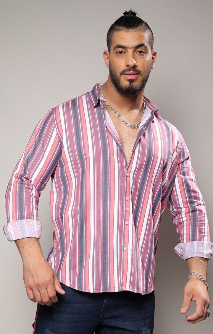Instafab Plus | Men's Blush Pink & Dark Grey Faded Barcode Striped Shirt
