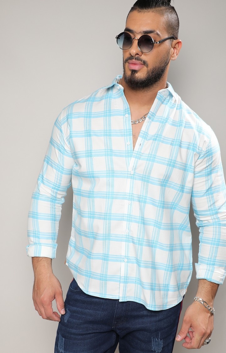 Men's White & Light Blue Tartan Plaid Shirt