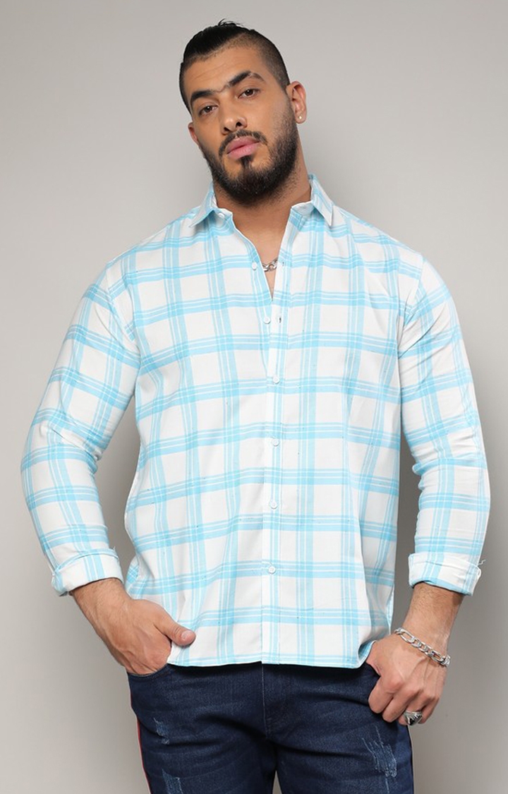 Men's White & Light Blue Tartan Plaid Shirt