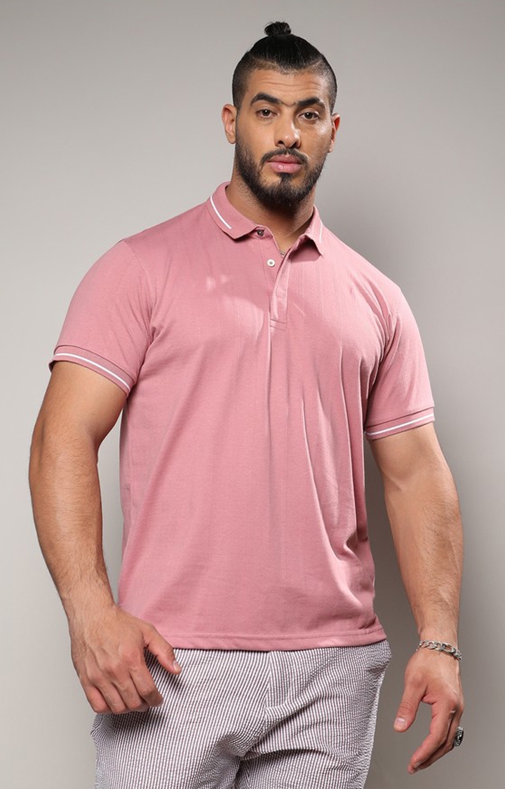Instafab Plus | Men's Coral Pink Self-Design Halo Striped T-Shirt