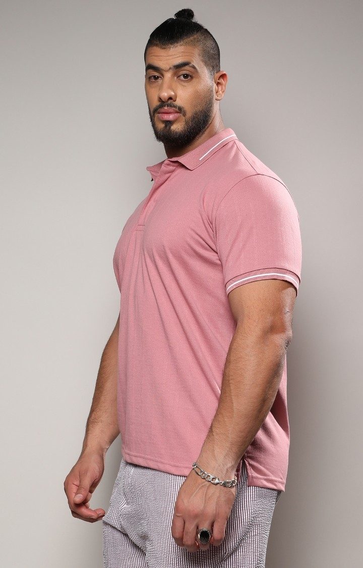 Men's Coral Pink Self-Design Halo Striped T-Shirt