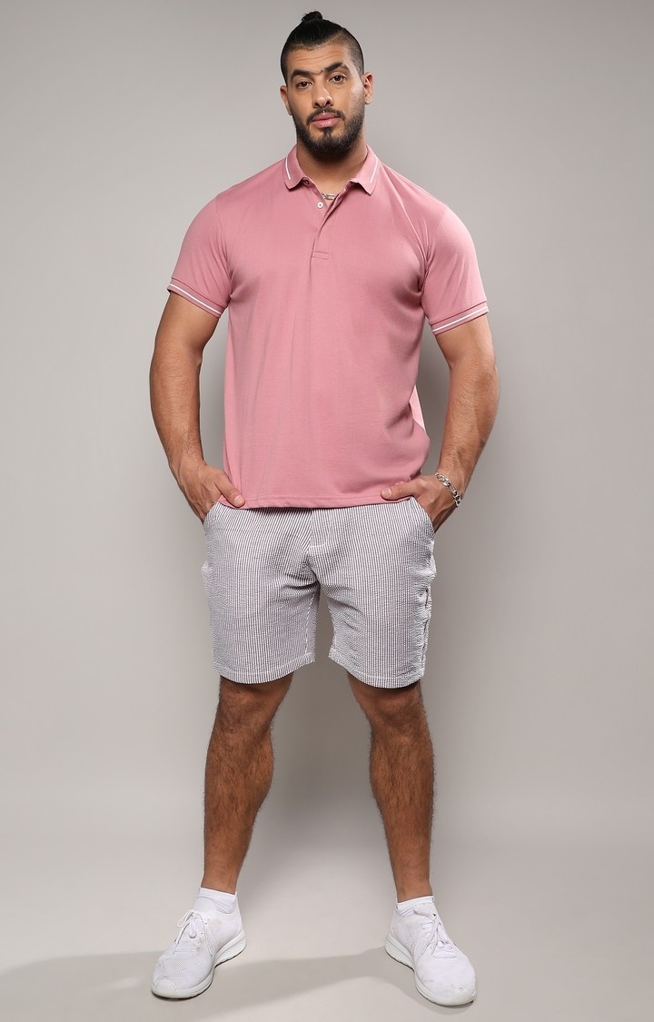 Men's Coral Pink Self-Design Halo Striped T-Shirt