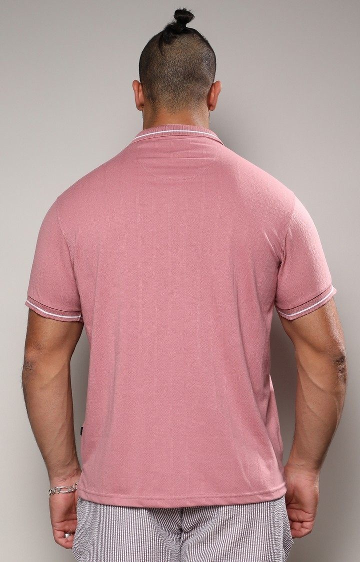 Men's Coral Pink Self-Design Halo Striped T-Shirt